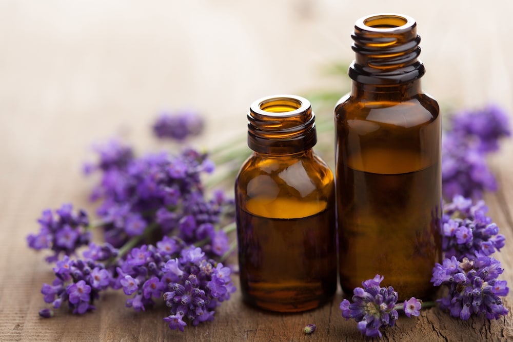 Containers of essential oil and lavender 