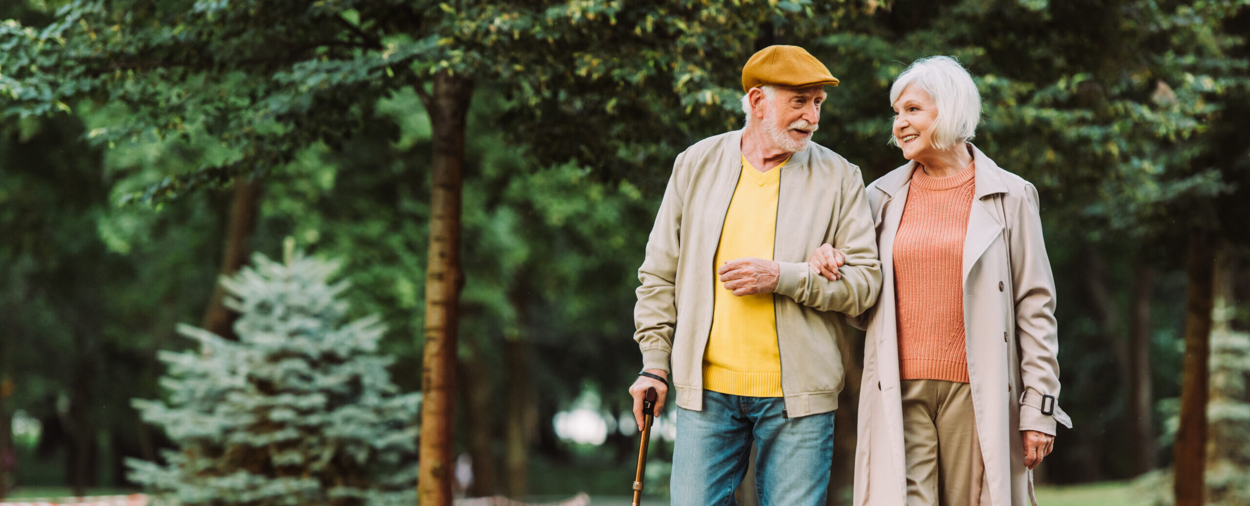Senior couple smiling while walking on path in park