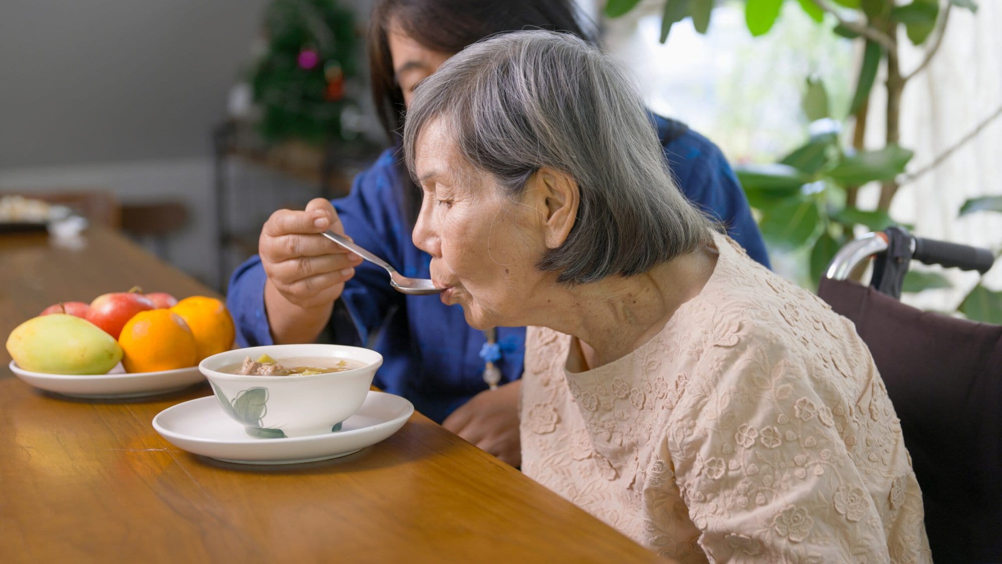 nurse helping a senior woman eat
