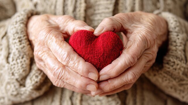older hands forming a heart holding a red heart