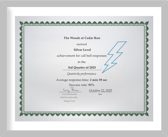 The Woods at Cedar Run Attains IntegraCare’s Silver Level Callbell Response Time Award