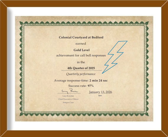 Achievement certificate for Colonial Courtyard at Bedford for Gold Level call bell response in Q4 2025.