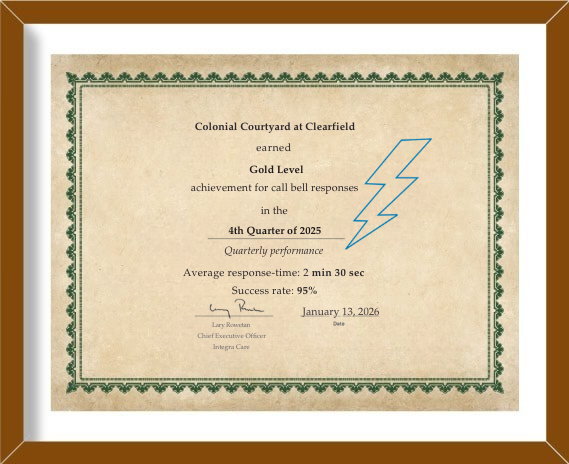 Award certificate for Colonial Courtyard at Clearfield for achieving Gold Level call bell response in Q4 2025