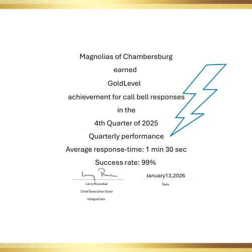 An achievement certificate for Magnolias of Chambersburg for earning Gold Level in call bell responses during the 4th Quarter of 2025.