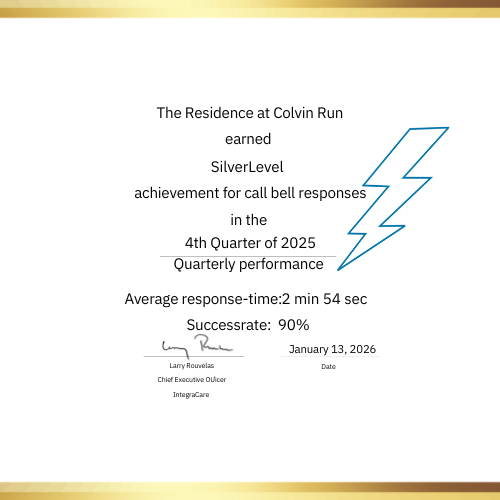 Achievement certificate for The Residence at Colvin Run for Silver Level call bell responses in Q4 2025, showing an average response time of 2 minutes 54 seconds and a 90% success rate.