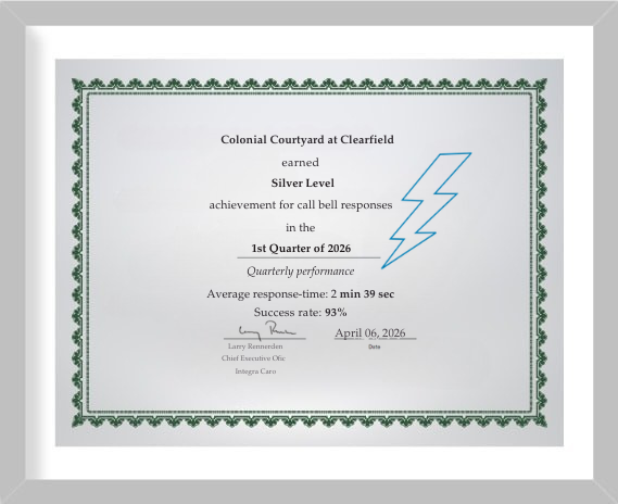 A framed certificate of achievement awarded to Colonial Courtyard at Clearfield for earning the Silver Level achievement for call bell responses in the 1st Quarter of 2026. The certificate lists a quarterly performance average response time of 2 minutes and 39 seconds and a success rate of 93%. It is dated April 06, 2026, and signed by Larry Rouvelas, Chief Executive Officer of IntegraCare.