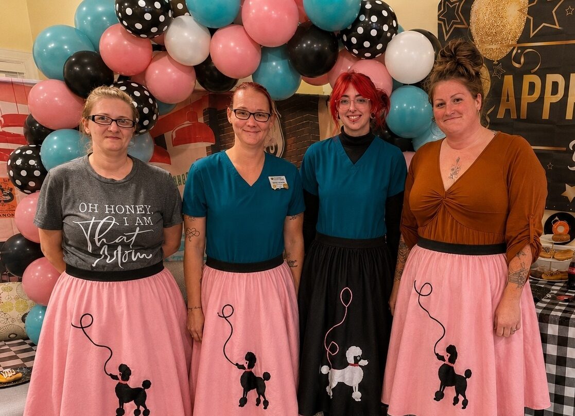 Colonial Courtyard at Clearfield recognized its IntegraCare Motivational Advancement Program (MAP) graduates during a 1950s sock-hop themed ceremony on Aug. 20. From left, Christina Mann, LPN (Bronze Level graduate); Shasta Wormuth, Medication Associate (Bronze Level graduate); Jadelea Zahniser, Resident Wellness Associate (Bronze Level graduate); and Kaitlyn Uhl, LPN, Resident Wellness Director.
