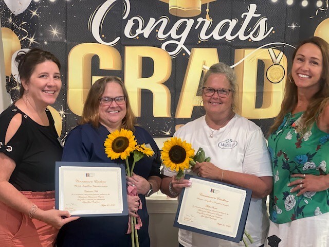 Magnolias of Chambersburg recognized its IntegraCare Motivational Advancement Program (MAP) graduates during a ceremony on Aug. 20. From left, Amy Martenas, Resident Wellness Director; Catherine Neil, Medication Associate (Silver Level graduate); Anita Shover, Medication Associate (Gold Level graduate); and Kristine Wenrick, Executive Operations Officer.