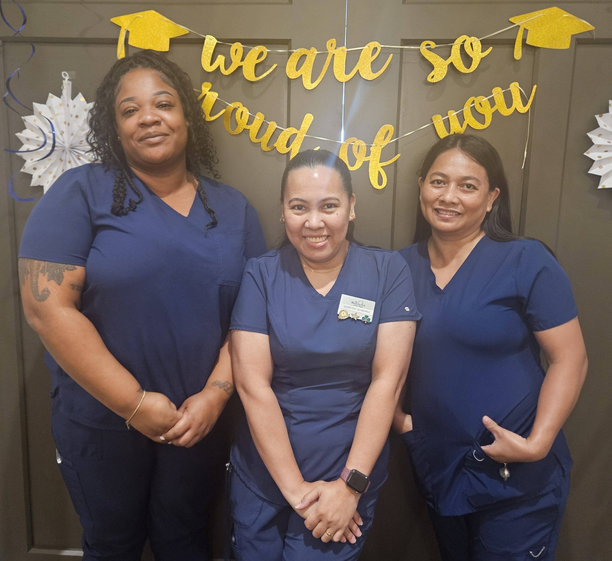 The Residence at Fitz Farm recognized its IntegraCare Motivational Advancement Program graduates during a ceremony on Aug. 20. From left, Laticha Taylor, Medication Associate (Bronze Level graduate); Dorothy Sanchez, Medication Associate (Bronze Level graduate); and Jenelyn Eligan, Resident Wellness Associate (Silver Level graduate).